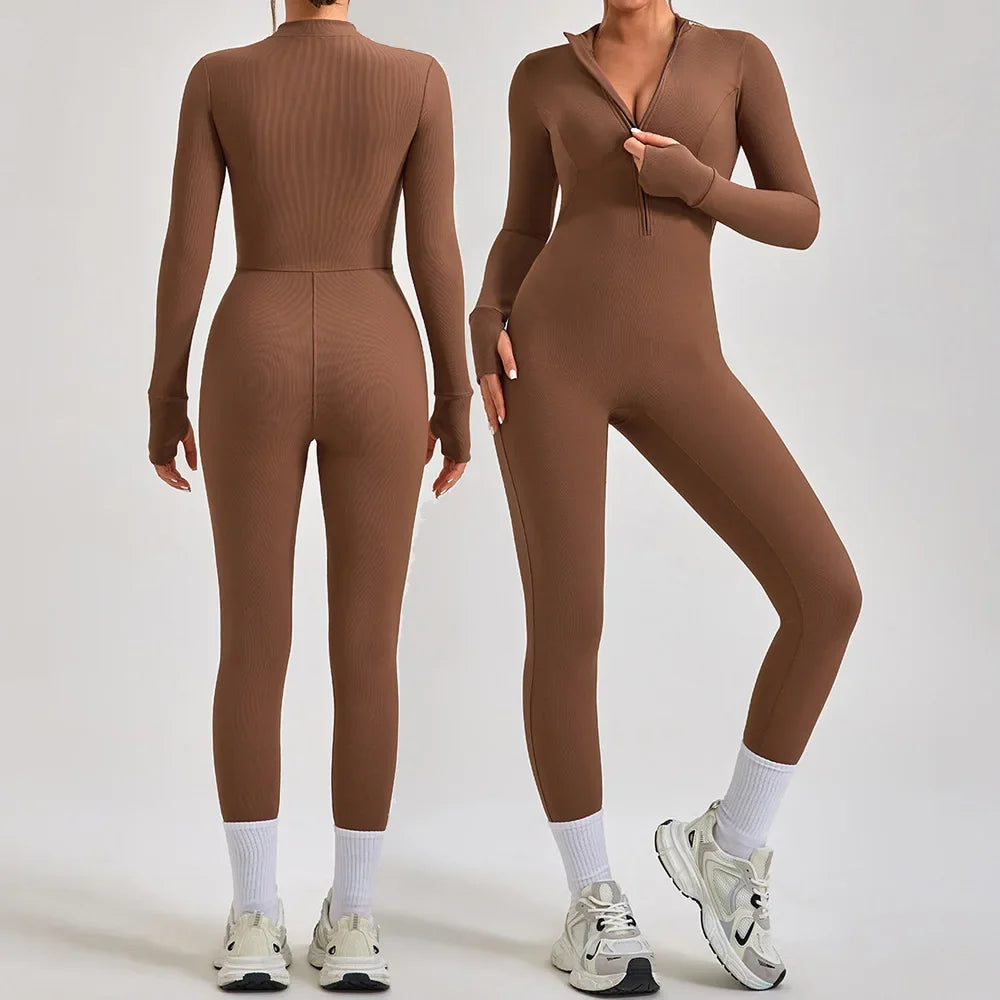 Women's Jumpsuits One-Piece Suit Yoga Set Zipper Long Sleeve Gym Push Up Workout Clothes Fitness Bodysuit Sportswear Tracksuit