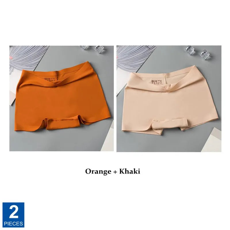 2pcs Seamless Women Boxers Underwear Ice Silk Shorts Solid Color Ladies Soft Boyshorts Plus Size M/L/XL