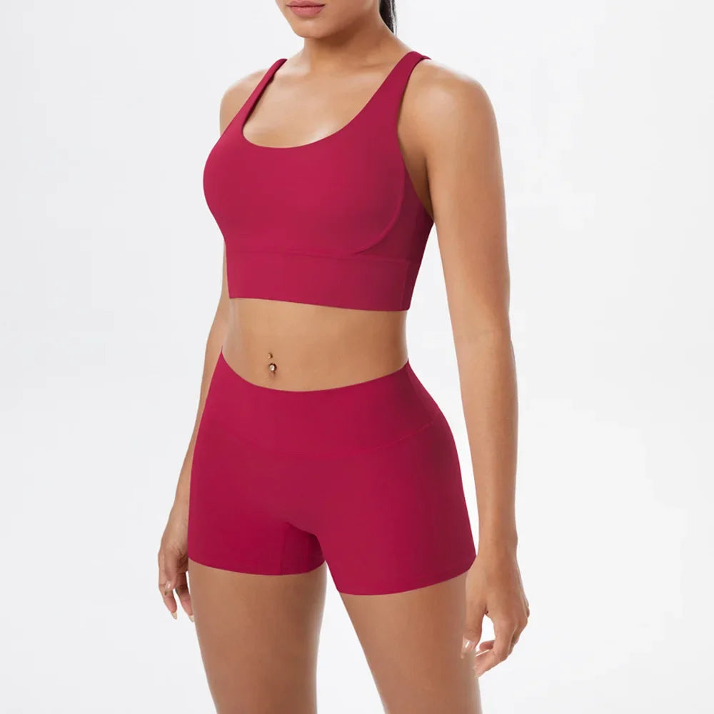 2PCS Yoga Set Women Gym Sports Suits Fitness Bra Crop Top Workout Clothes Female Athletic Wear Push Up Shorts Sportswear