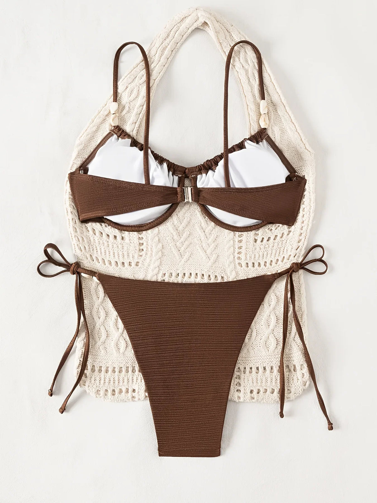 Sexy Tie Side Thong Bikini 2026 Women Brown Metal Chain Strap Front Tie Push Up Underwire Swimsuit Beach Bathing Suit Swimwear