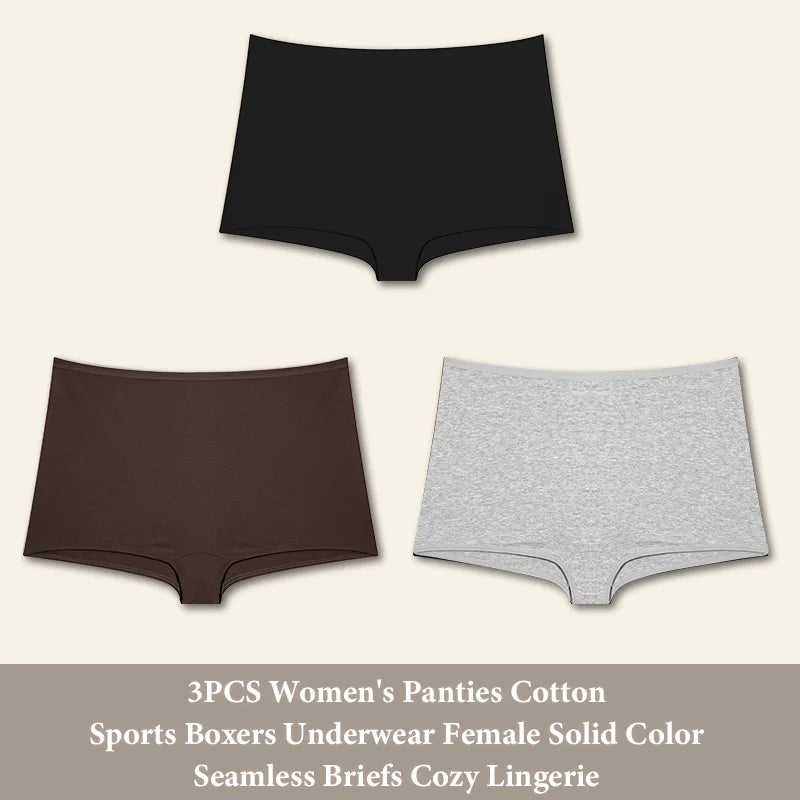 3PCS Women's  Cotton Seamless Panties Sports Boxers Underwear Female Solid Color Briefs Cozy Lingerie Intimate Underpants XS-XL