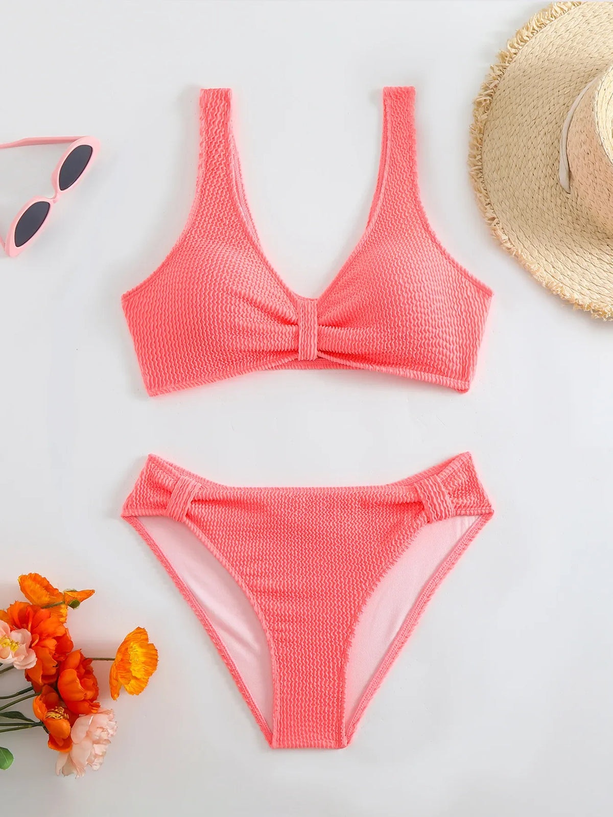 2026 New Sexy Bikini Two-Piece Swimsuit Pure Color High Elasticity Monochromatic Swimwear Comfortable Fit Women's Beachwear
