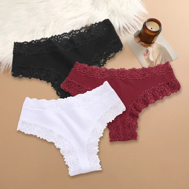 3Pcs Women Cotton Brazilian Pants Sexy Lace Brazilian Briefs Low Waist Floral Solid Color G-string Breathable Soft Lingerie