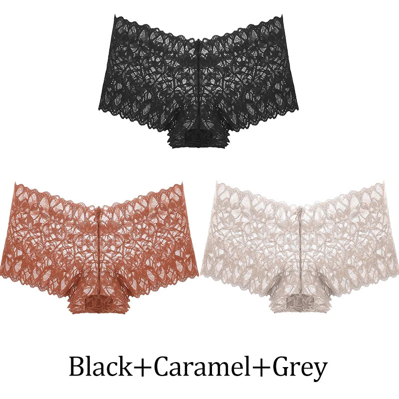 3Pcs Women Lace Boyshort Panties Low-Rise Sexy Underwear Trendy Floral Underpants Female Sexy Boyshort Panties Ladies Lingerie
