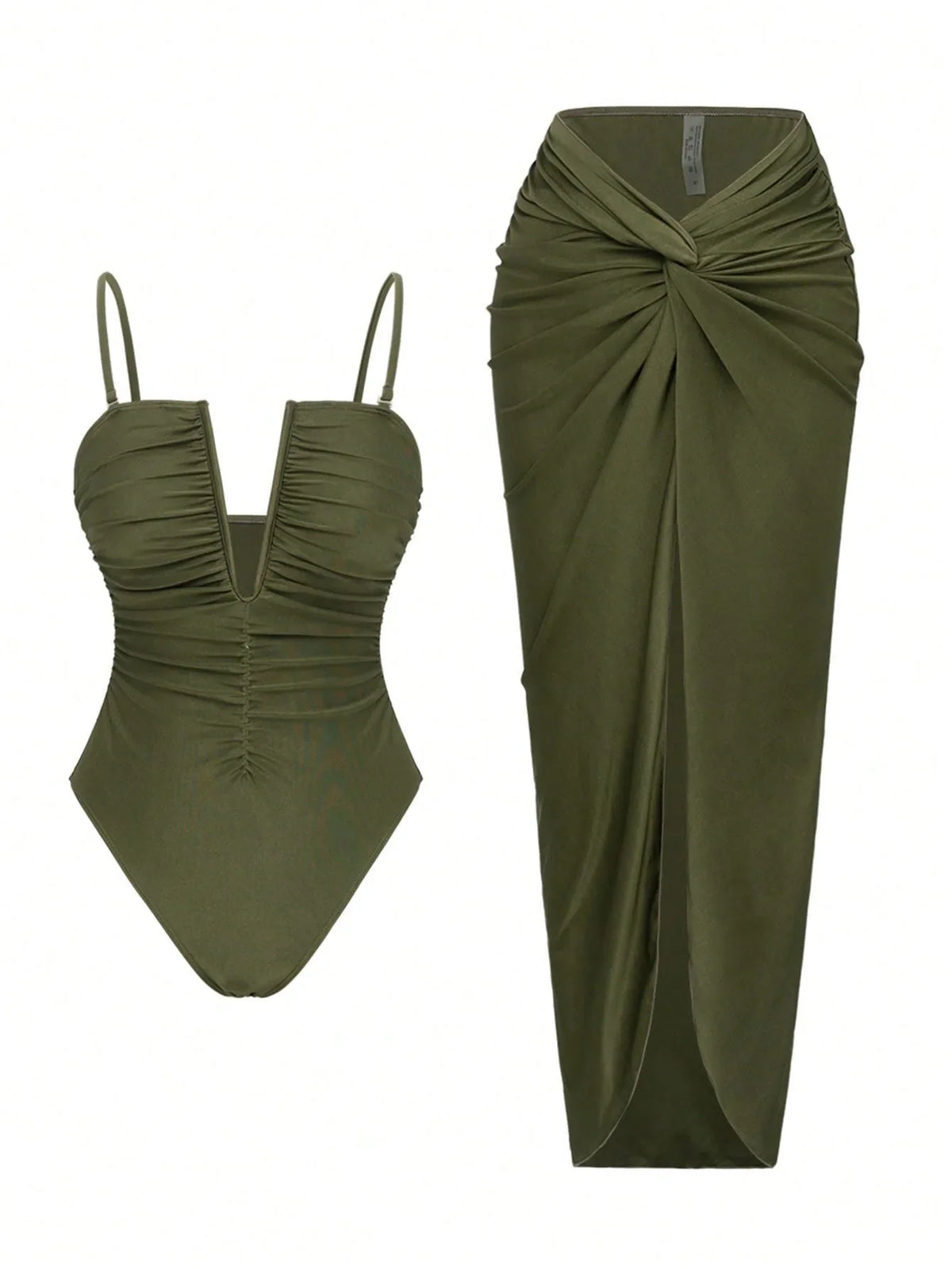 Vintage Green One Piece Swimsuit Long Skirt Sets 2026 Women V Neck Pleate Tummy Control Bathing Suit Holiday Swimwear Monokini