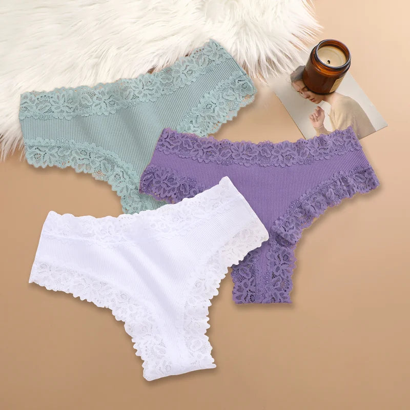3Pcs Women Cotton Brazilian Pants Sexy Lace Brazilian Briefs Low Waist Floral Solid Color G-string Breathable Soft Lingerie
