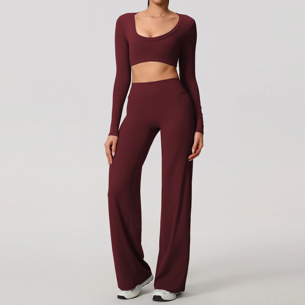 Hearuisavy Sports Set 2Pcs Women's  Long Sleeve Backless Fitted Fitness Top Push Up Pilates Yoga Top Wide Leg Straight Leg Pants