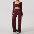 Hearuisavy Sports Set 2Pcs Women's  Long Sleeve Backless Fitted Fitness Top Push Up Pilates Yoga Top Wide Leg Straight Leg Pants