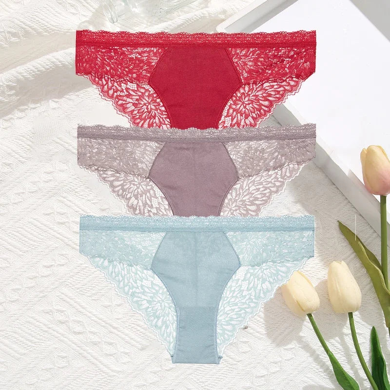 3Pcs/Set Seamless Lace Women Panties Transprant Hollow Out Low Waist Briefs Female Solid Soft Breathable Lingerie Underwear