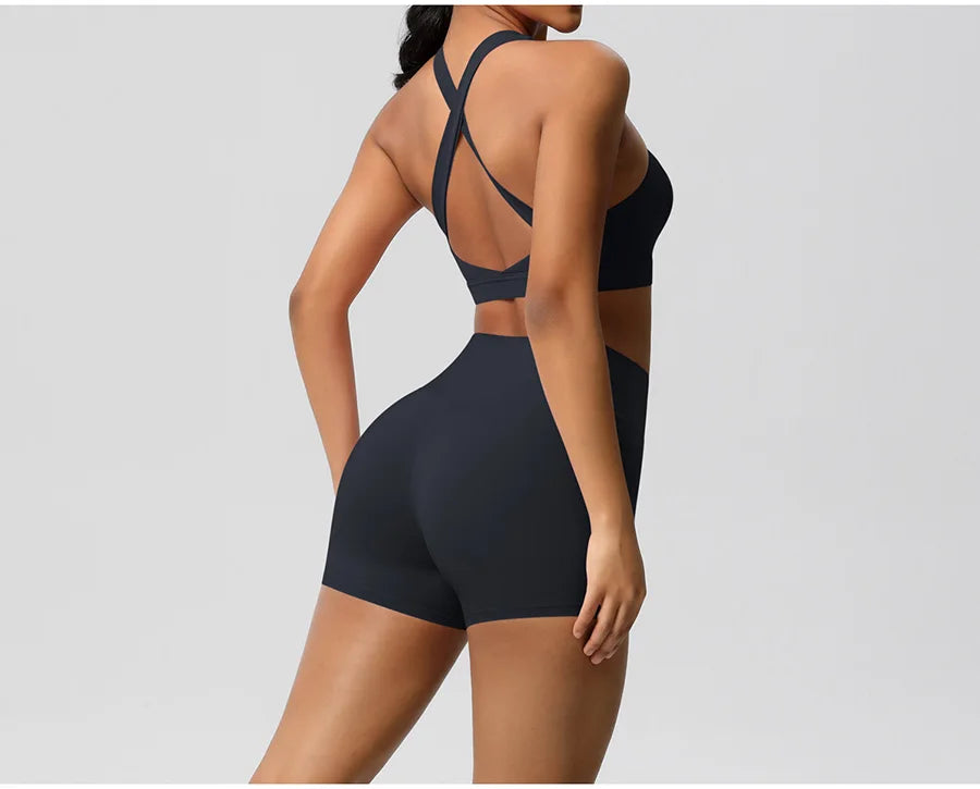 2PCS Yoga Set Women Gym Sports Suits Fitness Bra Crop Top Workout Clothes Female Athletic Wear Push Up Shorts Sportswear