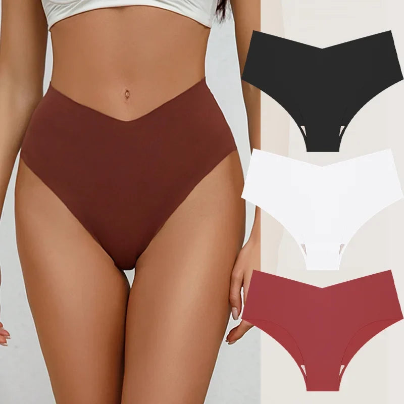 3PCS Women's Seamless Maillard Underwear Sexy V-Shaped Mid Waist Ice Silk Briefs 10 Soild Color Cozy Stretch Sexy Underpant S-XL