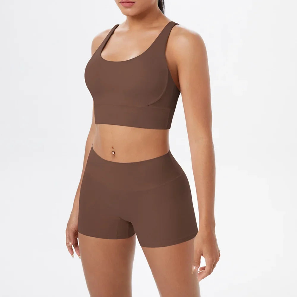 2PCS Yoga Set Women Gym Sports Suits Fitness Bra Crop Top Workout Clothes Female Athletic Wear Push Up Shorts Sportswear