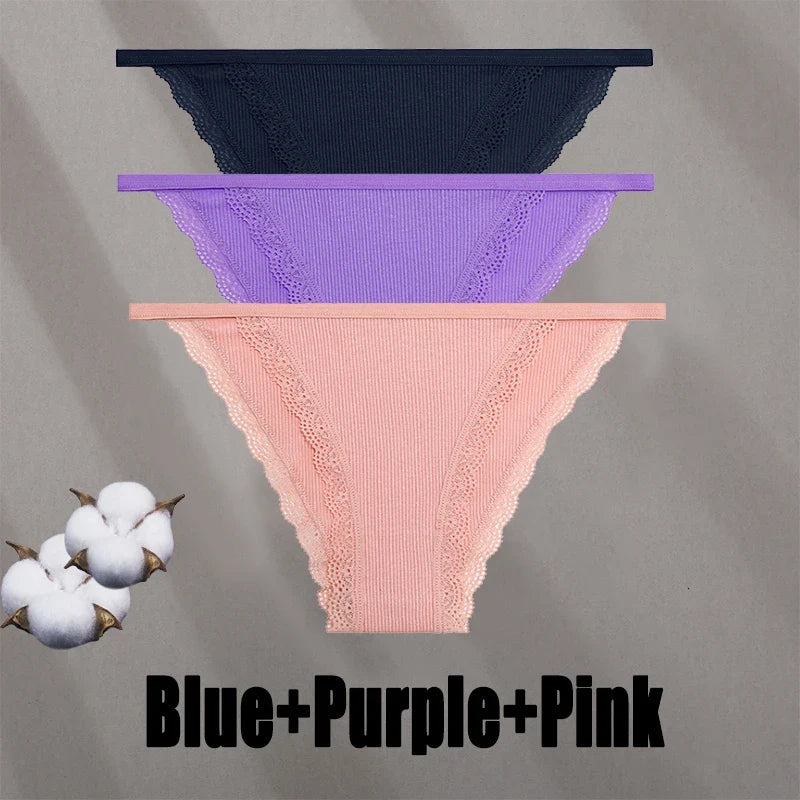 3PCS Women‘s Cotton Lace Panties Low Waist Briefs Comfortable Underwear Ladies Solid Color Underpants Girls Breathable Panty New