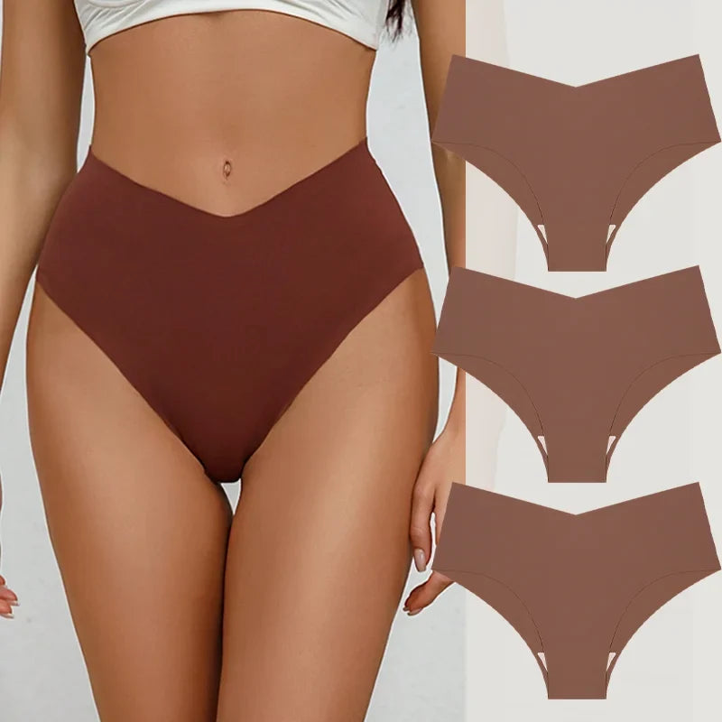 3PCS Women's Seamless Maillard Underwear Sexy V-Shaped Mid Waist Ice Silk Briefs 10 Soild Color Cozy Stretch Sexy Underpant S-XL