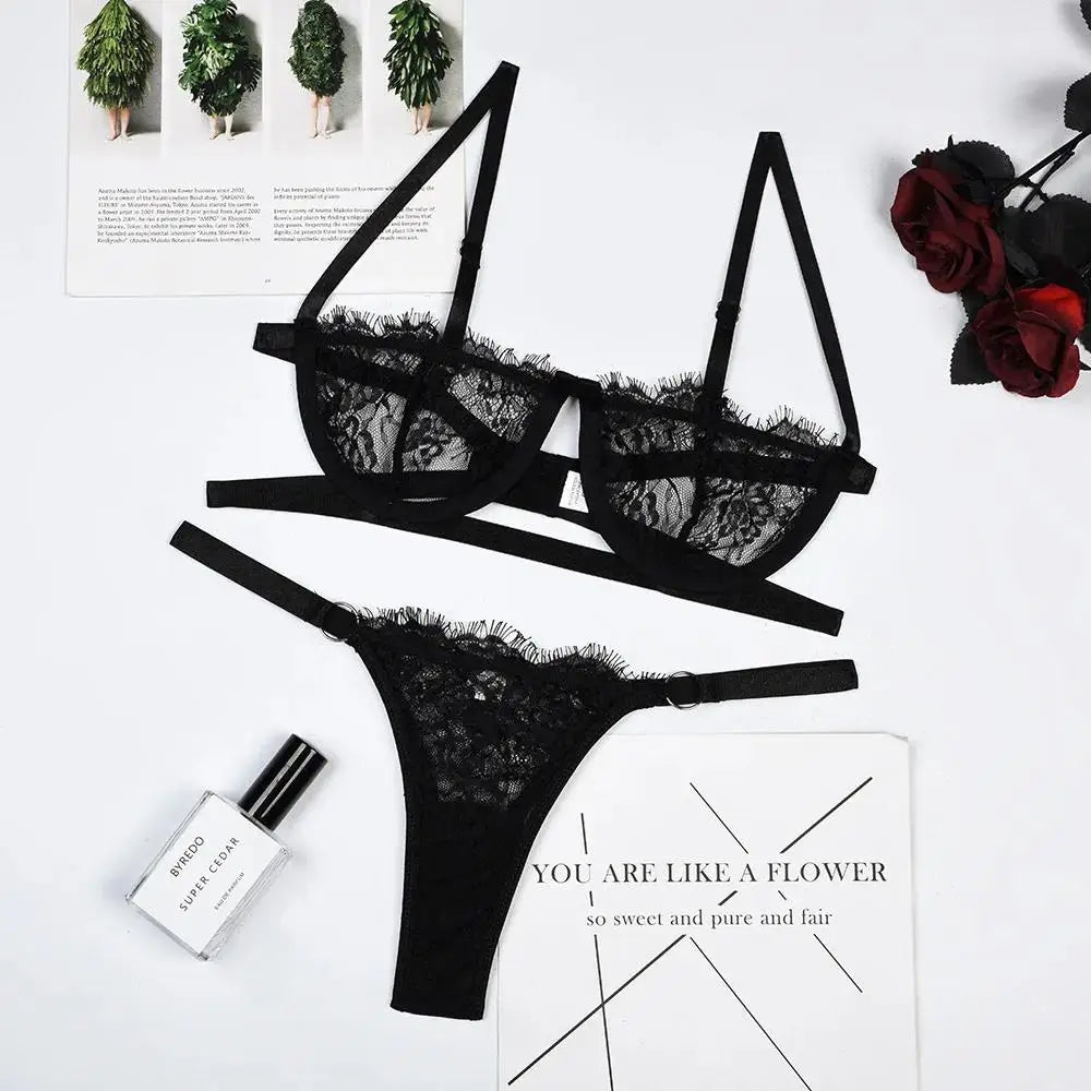 Thin Sexy Lingerie Bra Set  Erotic Push Up Breves Sets Woman Lace Transparent Underwear Embroidery Thong Kit Delicate Underwear