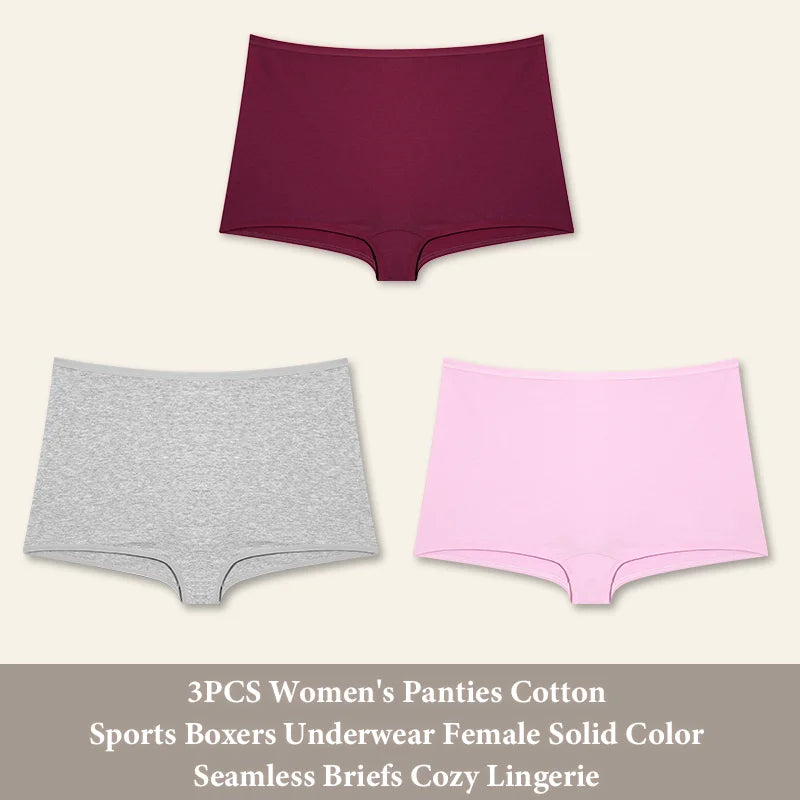 3PCS Women's  Cotton Seamless Panties Sports Boxers Underwear Female Solid Color Briefs Cozy Lingerie Intimate Underpants XS-XL
