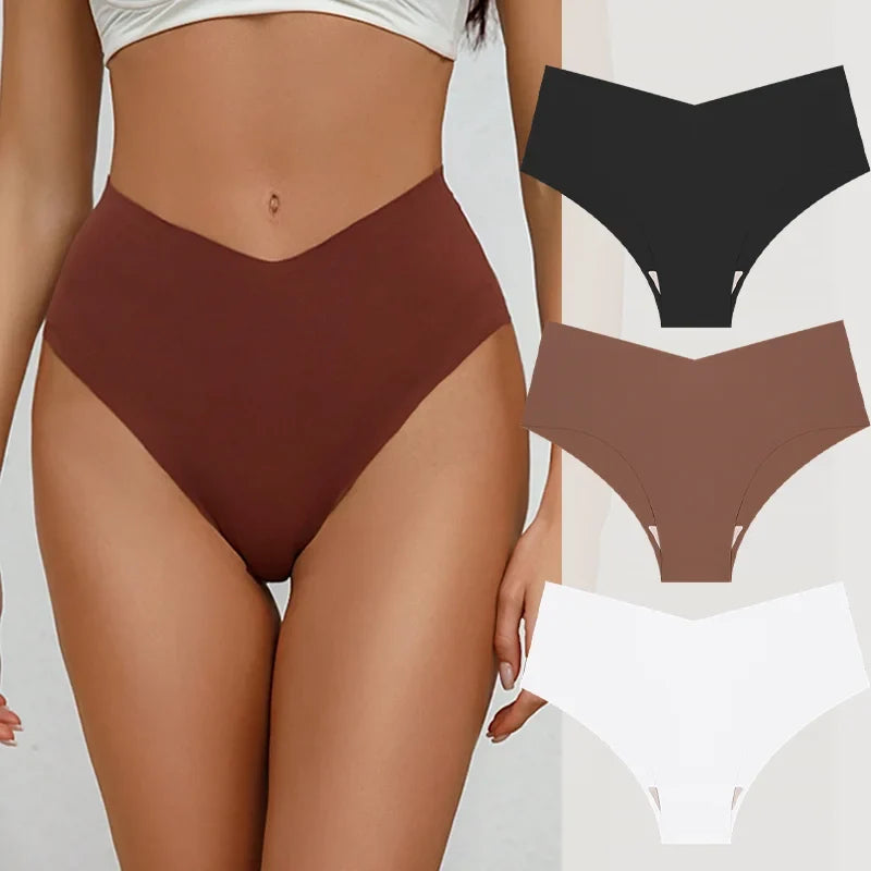 3PCS Women's Seamless Maillard Underwear Sexy V-Shaped Mid Waist Ice Silk Briefs 10 Soild Color Cozy Stretch Sexy Underpant S-XL