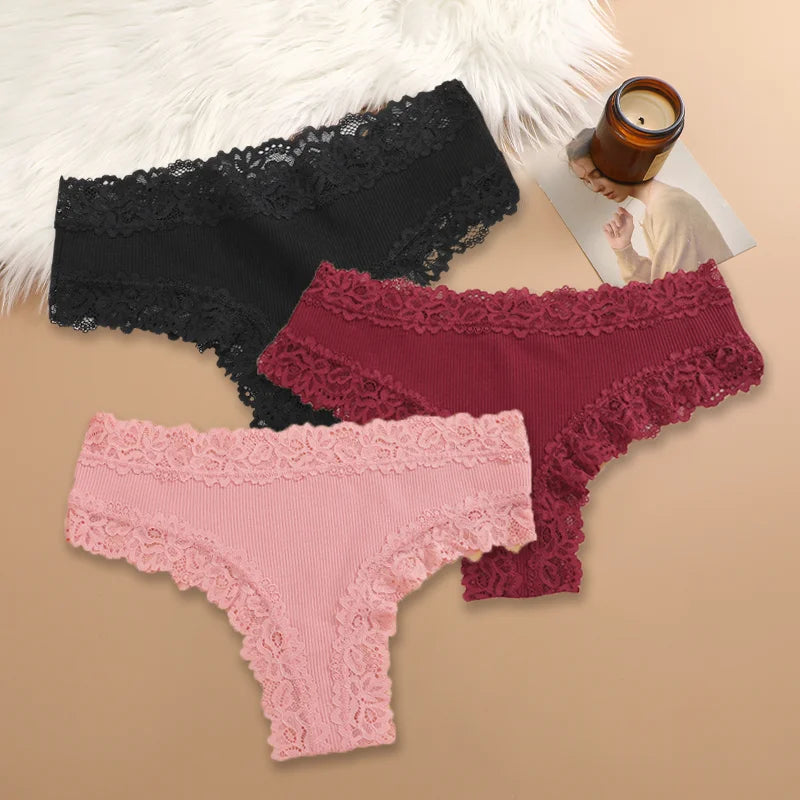 3Pcs Sexy Women Cotton Brazilian Pants Lace Brazilian Briefs Low Waist Floral Solid Color G-string Breathable Soft Lingerie