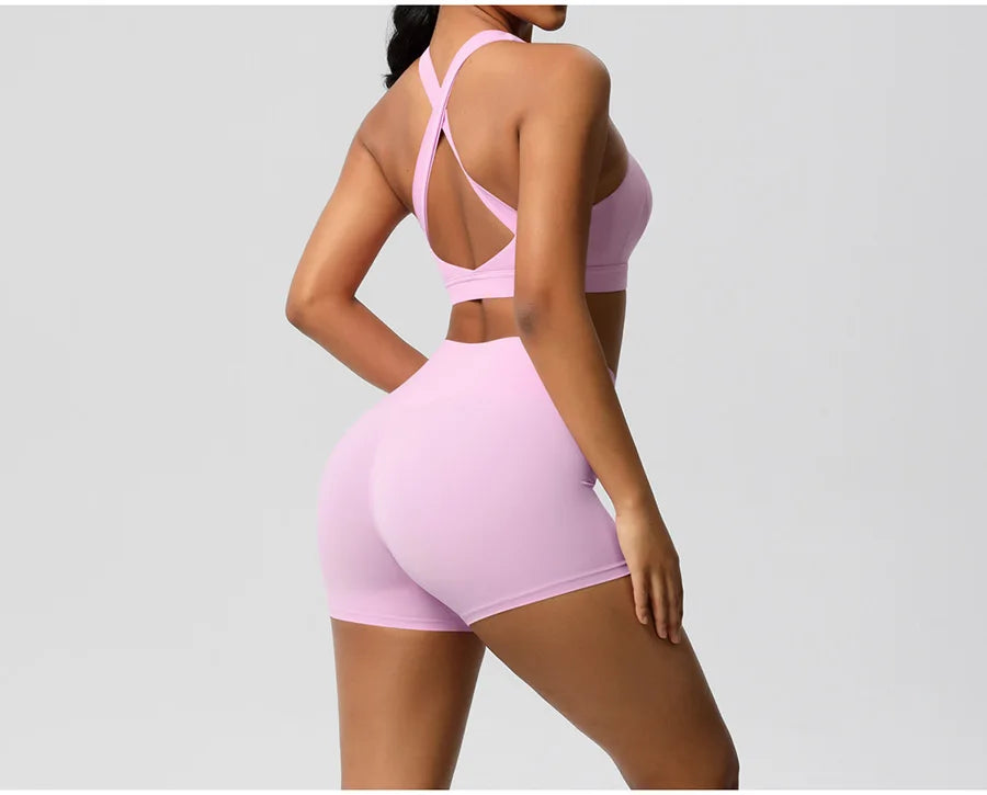 2PCS Yoga Set Women Gym Sports Suits Fitness Bra Crop Top Workout Clothes Female Athletic Wear Push Up Shorts Sportswear