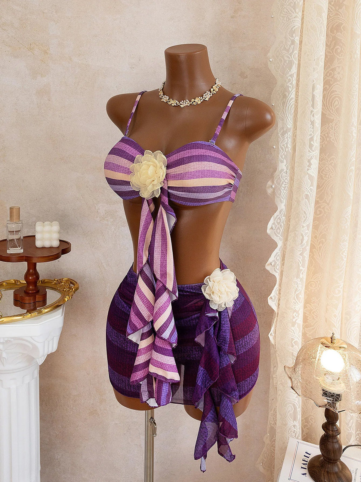 Sexy 3D Floral Bikini Set Women Purple Striped Pleate Push Up Bra Skirt 3 Piece Swimsuit Beach Bathing Suit Vacation Swimwear