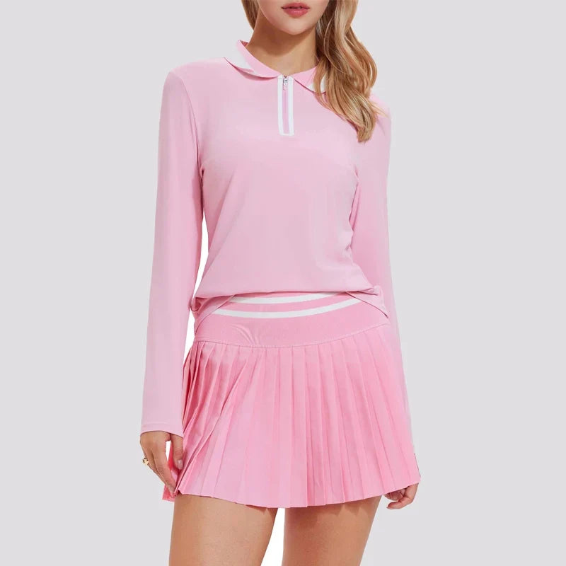 VITALINOVO Tennis Skirt Sets for Women Zipper Color Block Shirts High Waisted Golf Polo Two Piece Skirt Set Women 2 Piece Outfit