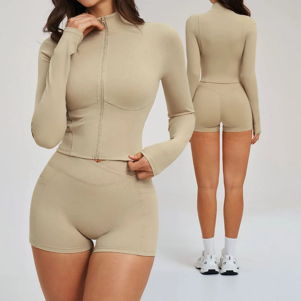 Yoga Suit Women Tracksuit Long-sleeved Jacket Shorts Suit Outfit Gym 2PCS Set Fitness Running Workout Clothes Push Up Sportswear