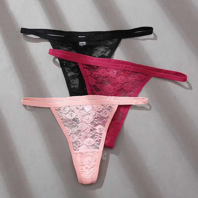 5PCS Sexy Lace Cotton Floral G-String Transparent Thong Seamless Women Low Waist Panties Underwear Solid Color Lingere Intimates