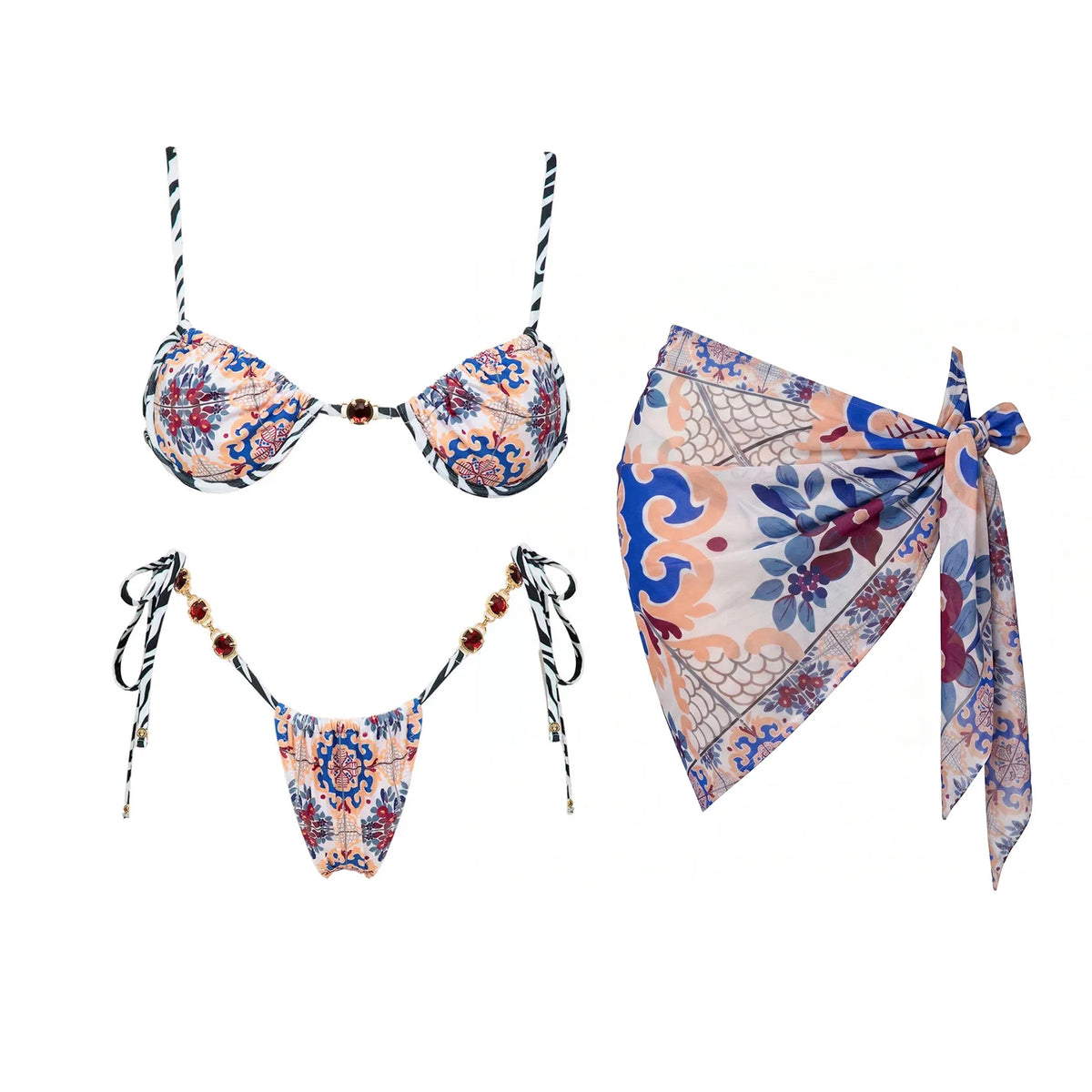 3Pcs Micro Bikinis Sexy Women Swimsuit 2026 New Swimwear Printed Swim Suit Female Bathing Suit Bandeau Biquini Beachwear Sarong