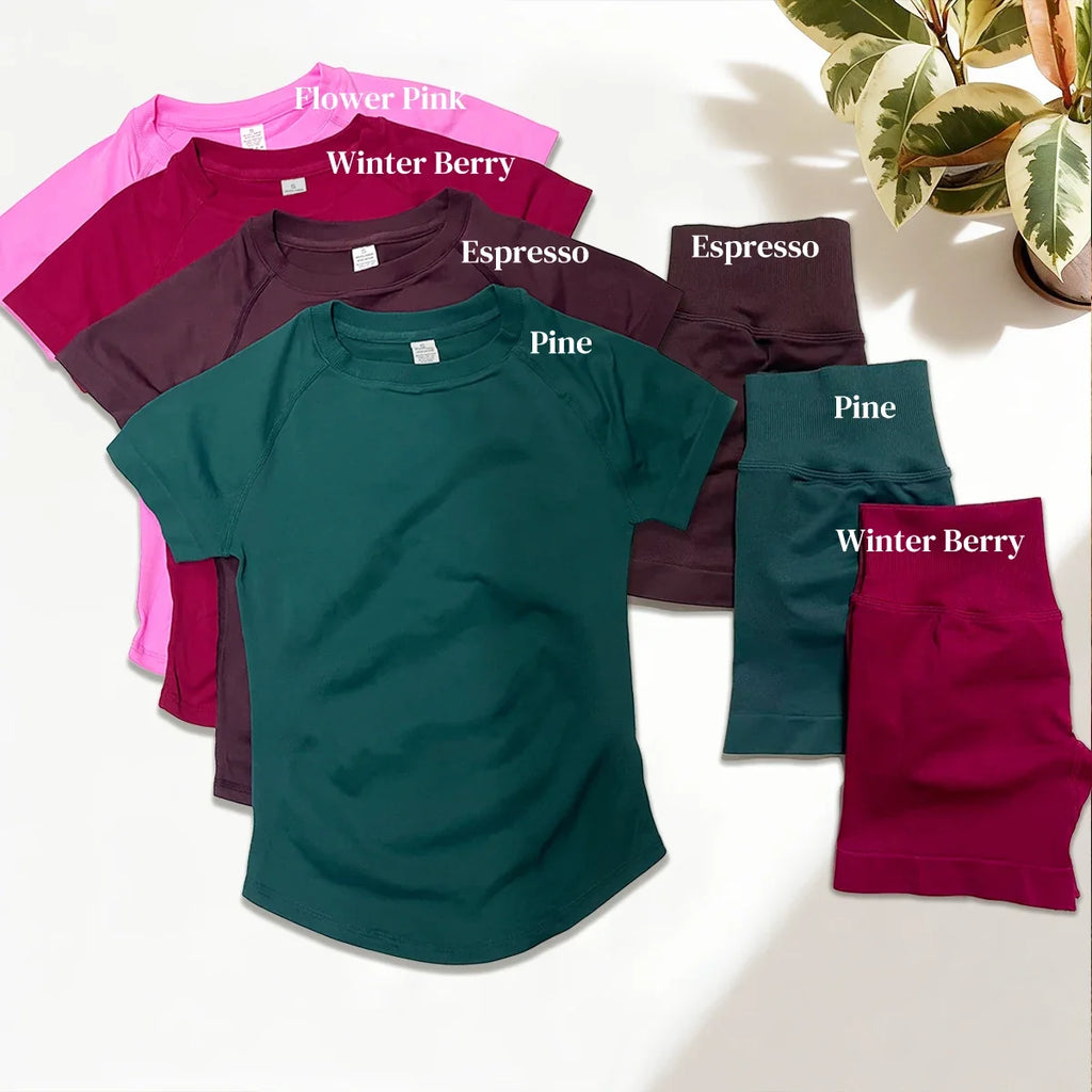 3 Pcs Gym Set Woman Short Sleeve Sport T-Shirt & Seamless Scrunch Gym Shorts & Strappy Bra Fitness Workout Suits Gym Clothing