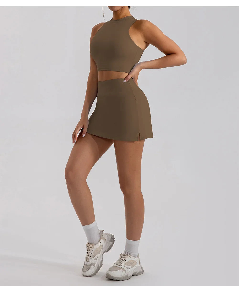 Sports Short Skirt Yoga Set 2PCS Women Tracksuit Gym Tennis Skirt Set Workout Sportswear Golf Dance Athletic Sport Suit