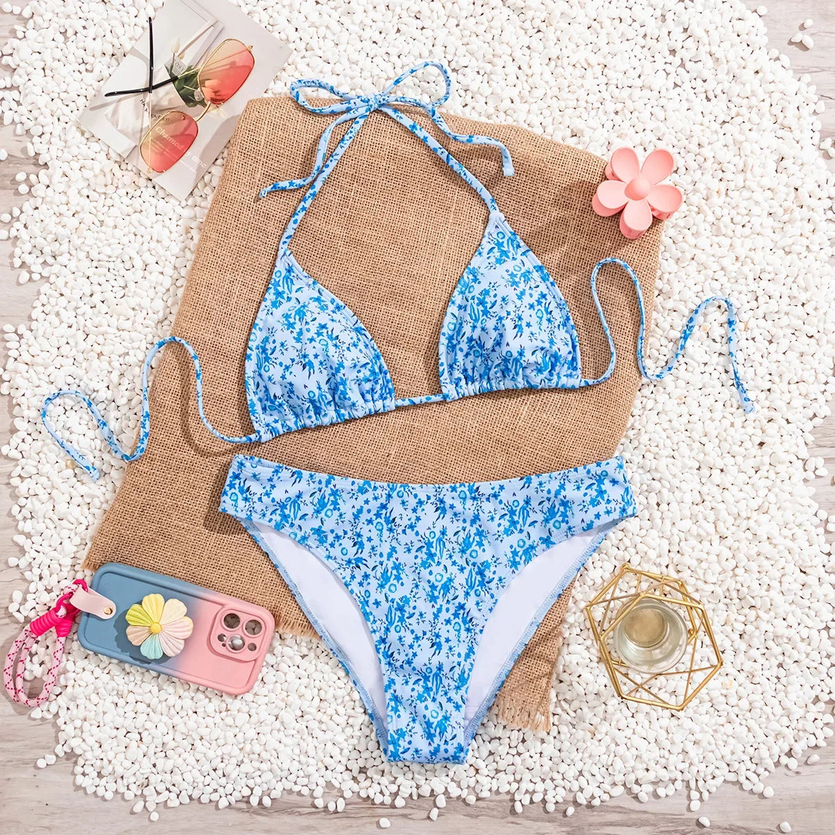 2025 New Women's Black Ground White Dot Printed Swimsuit Halter Neck Low Waist Bikini Set For Summer Female Swimwear Brazilian