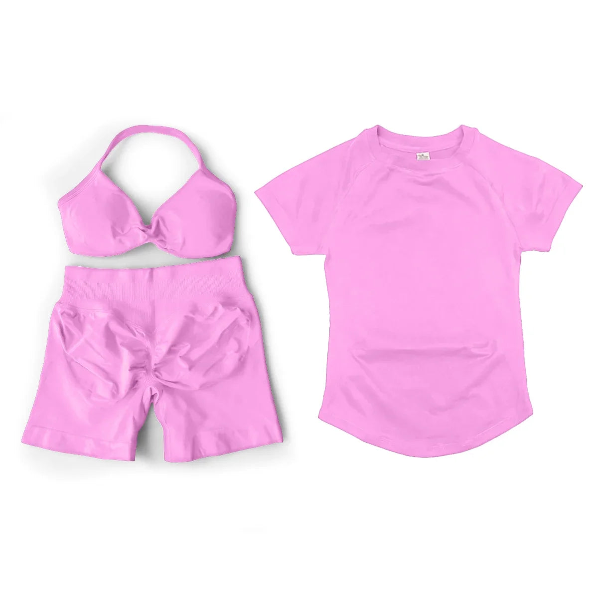 3 Pcs Gym Set Woman Short Sleeve Sport T-Shirt & Seamless Scrunch Gym Shorts & Strappy Bra Fitness Workout Suits Gym Clothing