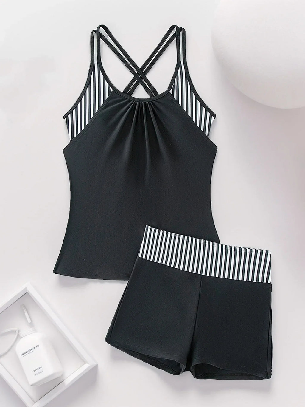 Women's Conservative Two Piece Swimsuit Black Stripe Print Patchwork Crop Top Tankini Set Beach Bathing Suit High Waist Swimwear