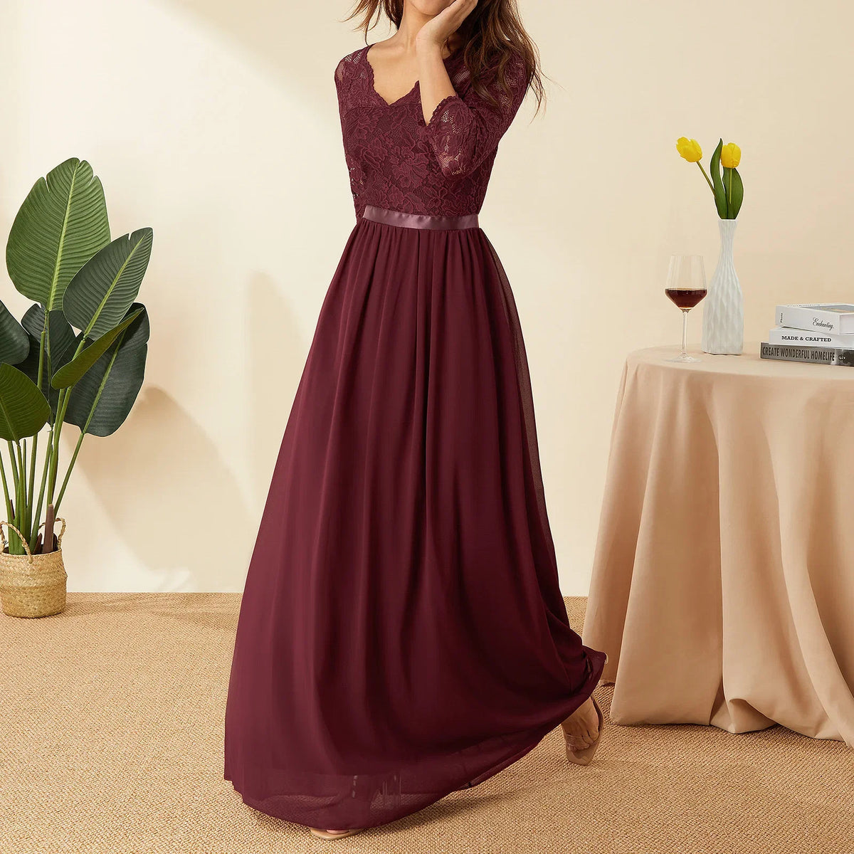 Elegant Lace Chiffon A-Line Long Dresses Women Wedding Dress Bridesmaid Dresses V-neck Mid-Sleeve Backless Zipper Female Dress