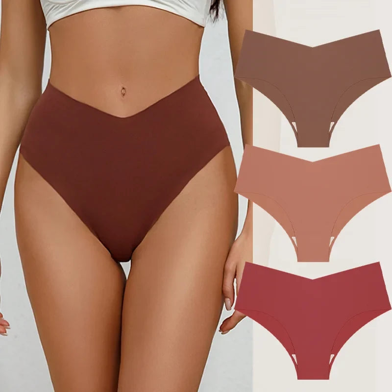 3PCS Women's Seamless Maillard Underwear Sexy V-Shaped Mid Waist Ice Silk Briefs 10 Soild Color Cozy Stretch Sexy Underpant S-XL