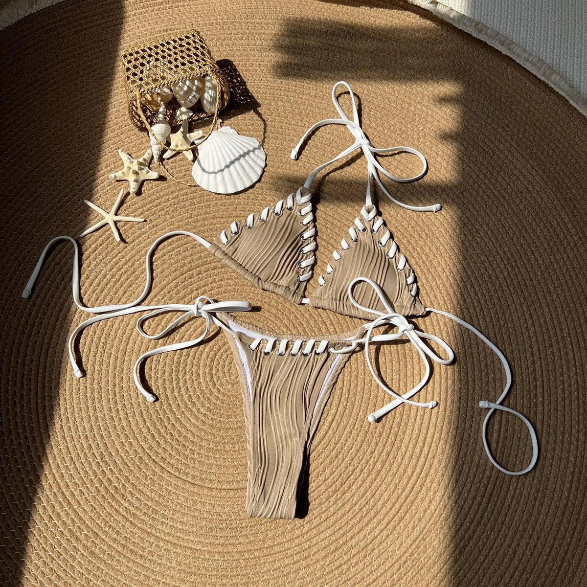 Sexy Micro Bikini 2025 Women Beige Brown Pink Weave Bandage Cross Crochet Swimsuit Brazilian Beach Bathing Suit Thong Swimwear