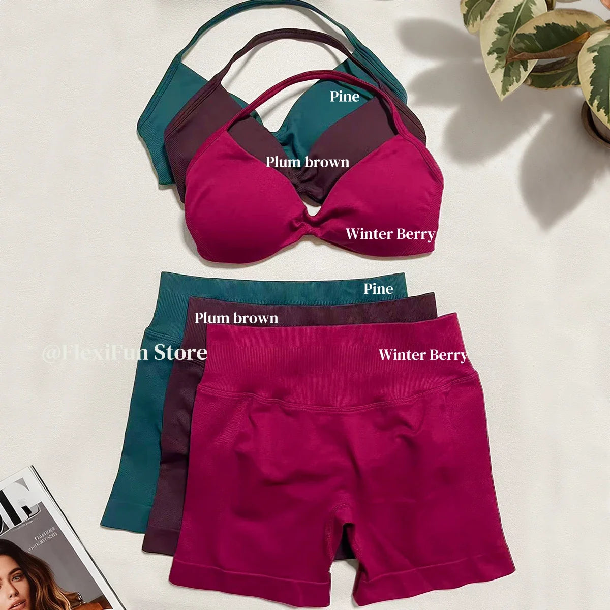 3 Pcs Gym Set Woman Short Sleeve Sport T-Shirt & Seamless Scrunch Gym Shorts & Strappy Bra Fitness Workout Suits Gym Clothing