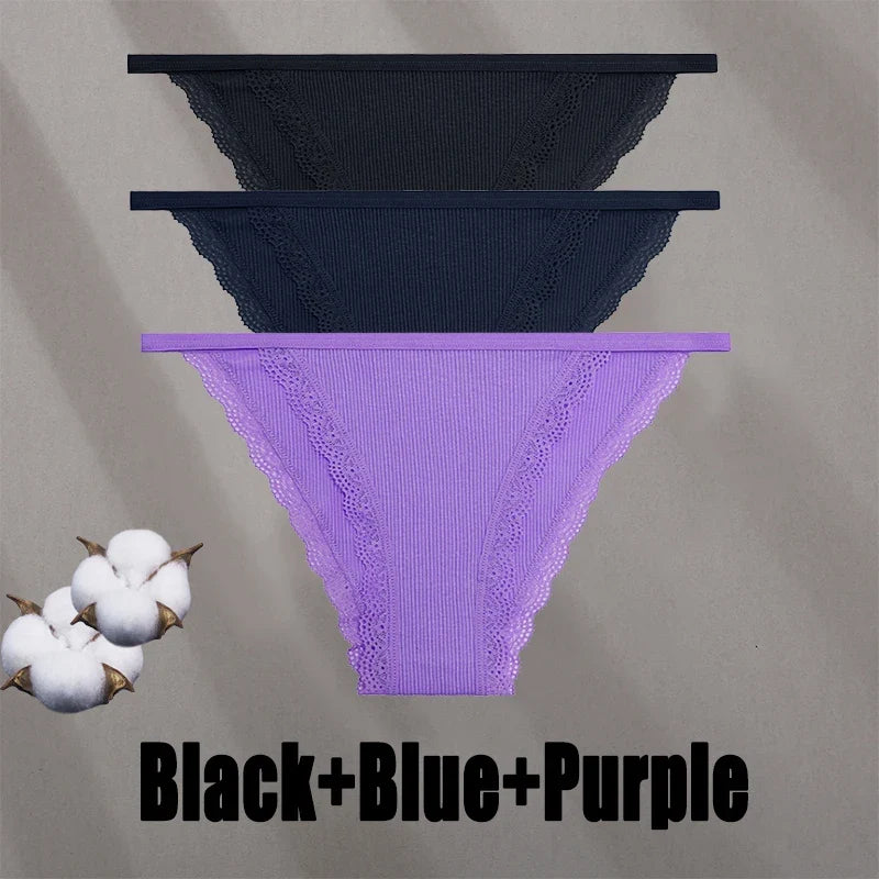 3PCS Women‘s Cotton Lace Panties Low Waist Briefs Comfortable Underwear Ladies Solid Color Underpants Girls Breathable Panty New
