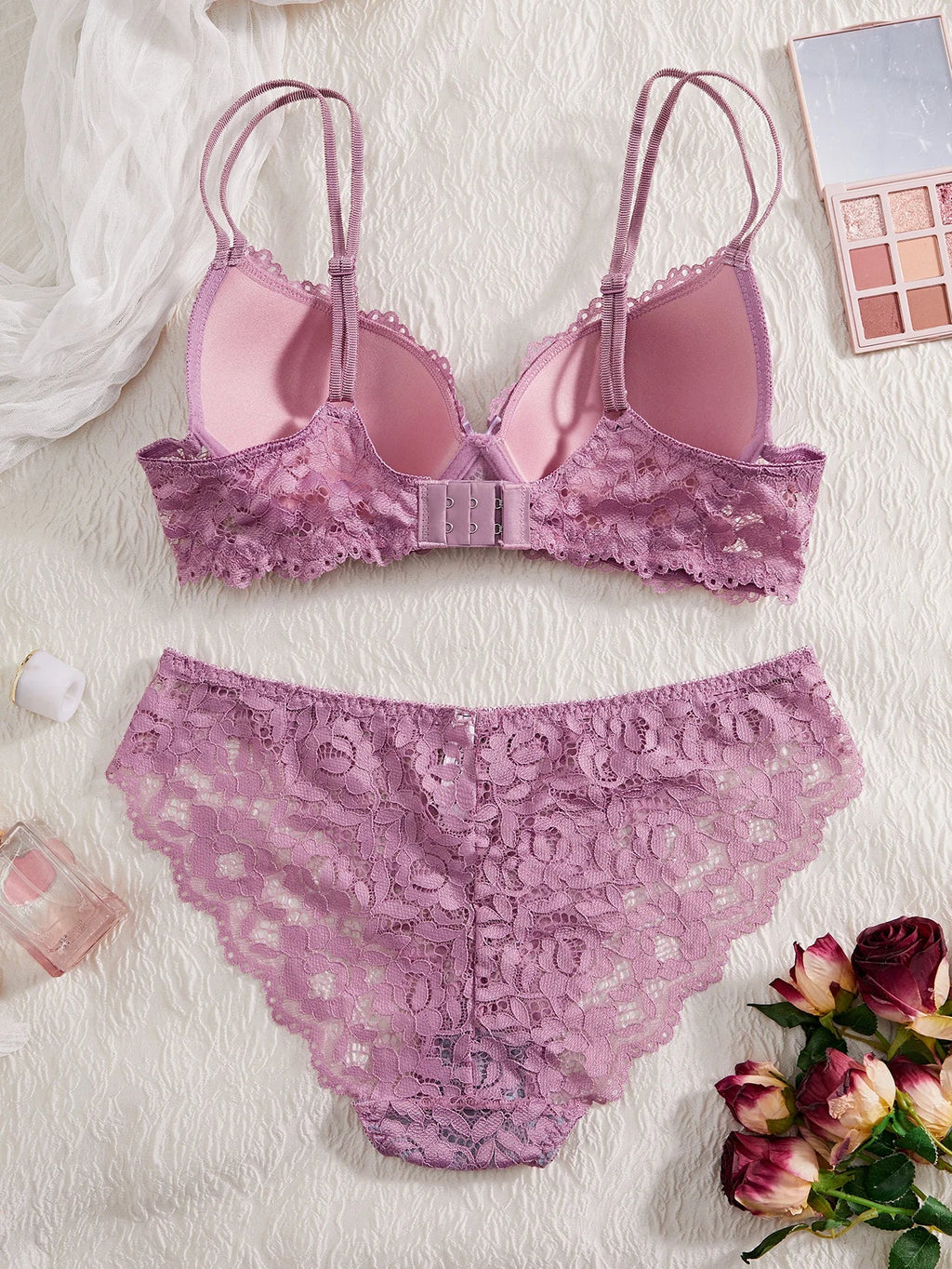Women's Sexy Lingerie Set Lace Patchwork Solid Color Bowknot Rhinestone Embellished Push-Up Double Shoulder Strap Unlined Comfortable Underwear, Lace Semi-Transparent Breathable Panties