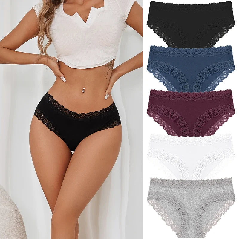 5PCS/Set Women Cotton Panties Sexy Lace Low Waist Briefs Stretch Comfortable Ladies Underwear Soft Breathable Intimate Lingerie