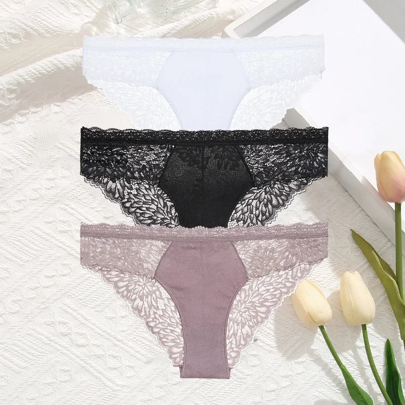 3Pcs/Set Seamless Lace Women Panties Transprant Hollow Out Low Waist Briefs Female Solid Soft Breathable Lingerie Underwear