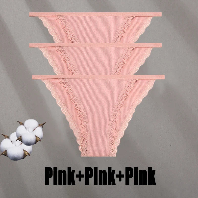 3PCS Women‘s Cotton Lace Panties Low Waist Briefs Comfortable Underwear Ladies Solid Color Underpants Girls Breathable Panty New
