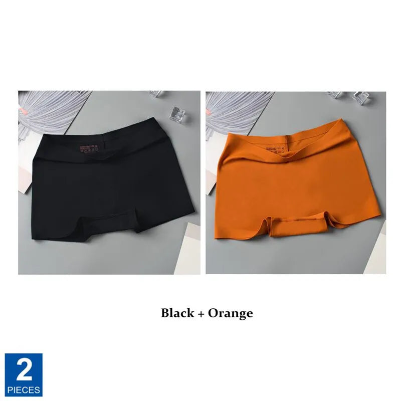 2pcs Seamless Women Boxers Underwear Ice Silk Shorts Solid Color Ladies Soft Boyshorts Plus Size M/L/XL