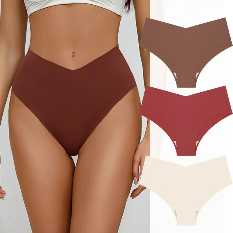 3PCS Women's Seamless Maillard Underwear Sexy V-Shaped Mid Waist Ice Silk Briefs 10 Soild Color Cozy Stretch Sexy Underpant S-XL
