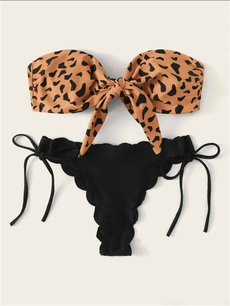Beach Bikini 2025 Woman Sexy Front Lace Up Tie Bandeau Leopard Swimsuit Female Push Up Ruffled Bow Bathing Suit Thong Swimwear