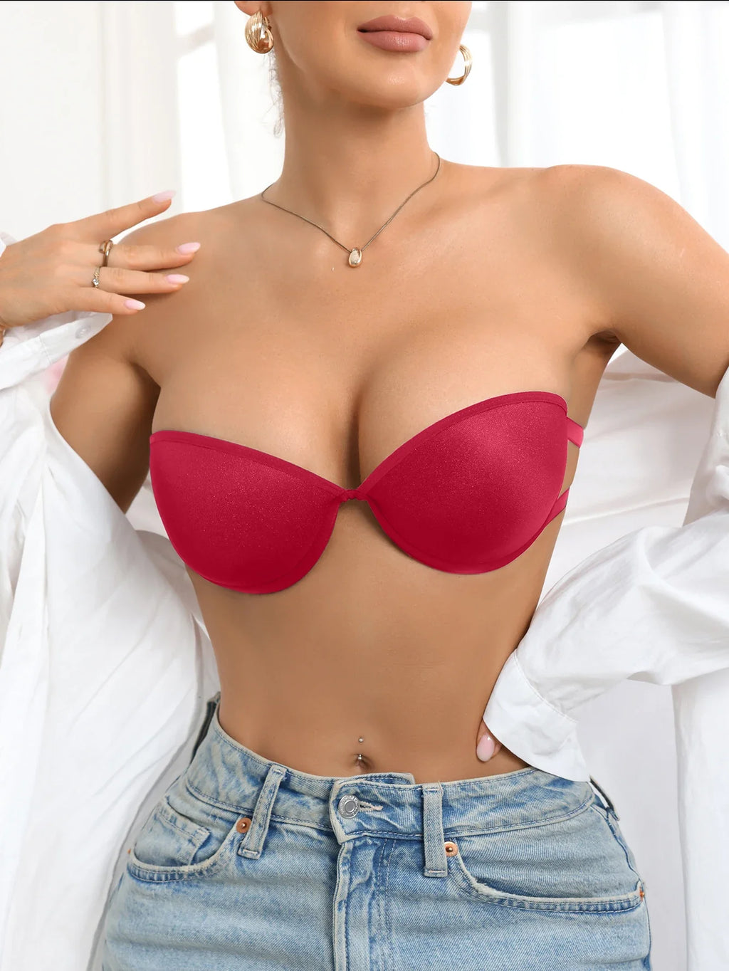 Basic Women's Solid Color Thin Strap Strapless Bra, Push Up bra Seamless for Daily Wear, Perfect for Backless Dresses