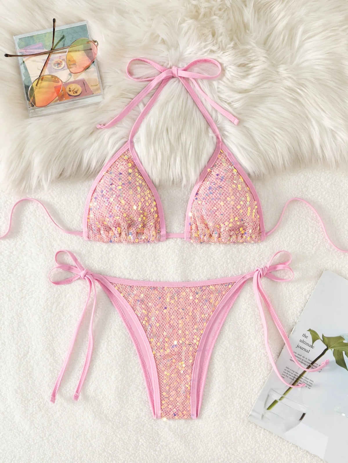 Shiny Sequin Pink Black Bikini Women Sexy Mesh Push Up Bra Tie Side Thong Swimsuit 2026 Brazilian Beach  Bathing Suit Swimwear