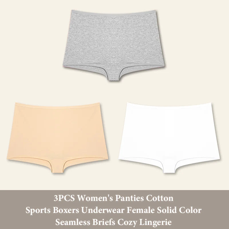 3PCS Women's  Cotton Seamless Panties Sports Boxers Underwear Female Solid Color Briefs Cozy Lingerie Intimate Underpants XS-XL