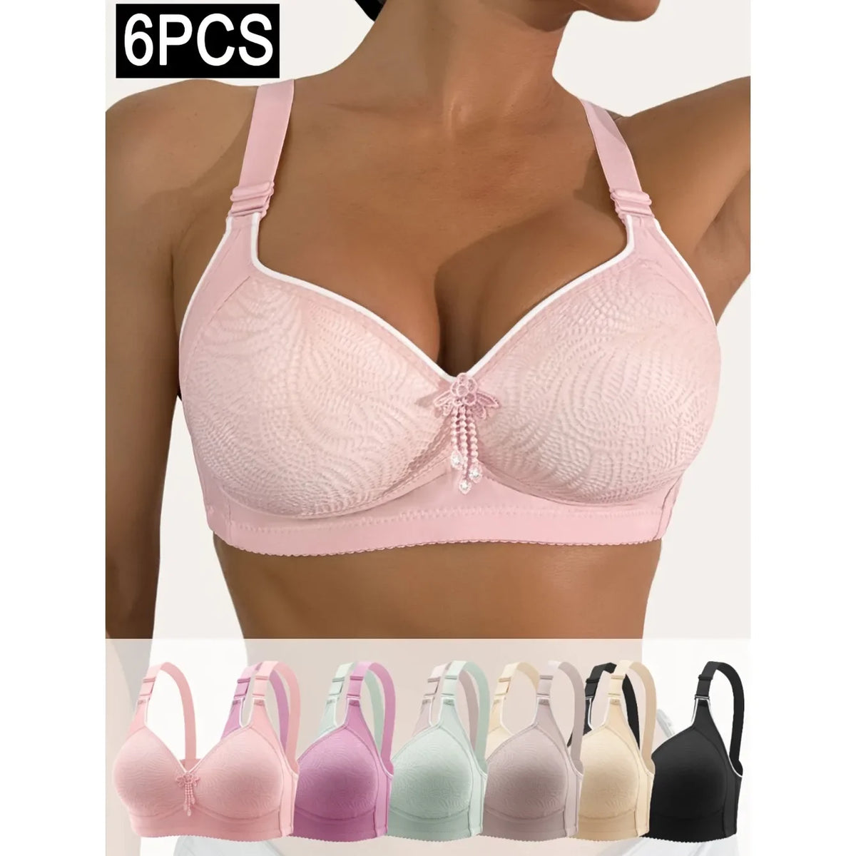 6pcs Seamless Tassel Decor Wireless Bra, Comfortable Push-Up Bra, - Adjustable Strap, Soft Pastel Colors Full Coverage Lingerie