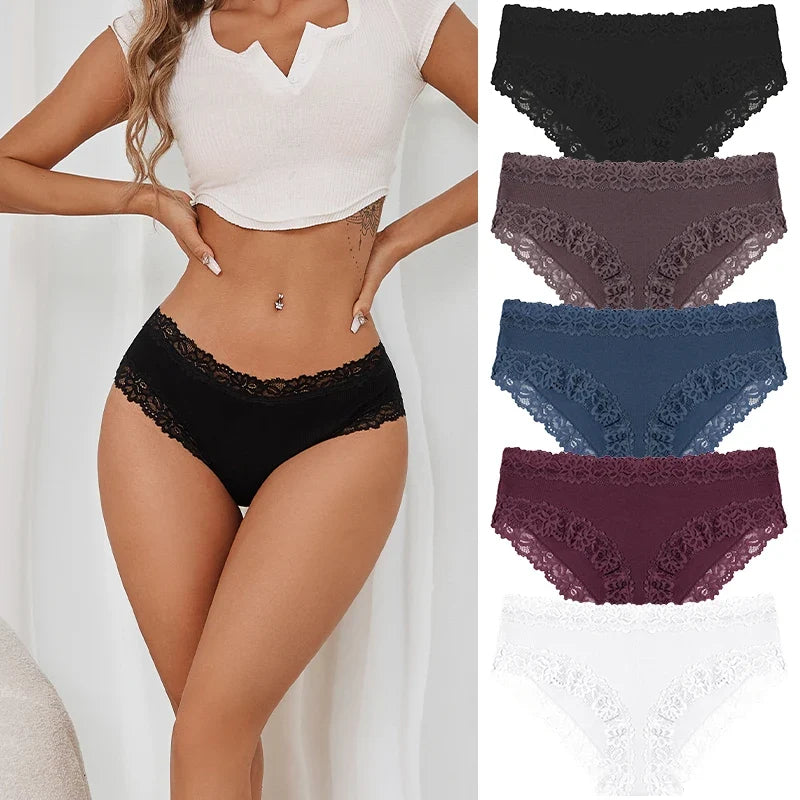5PCS/Set Women Cotton Panties Sexy Lace Low Waist Briefs Stretch Comfortable Ladies Underwear Soft Breathable Intimate Lingerie